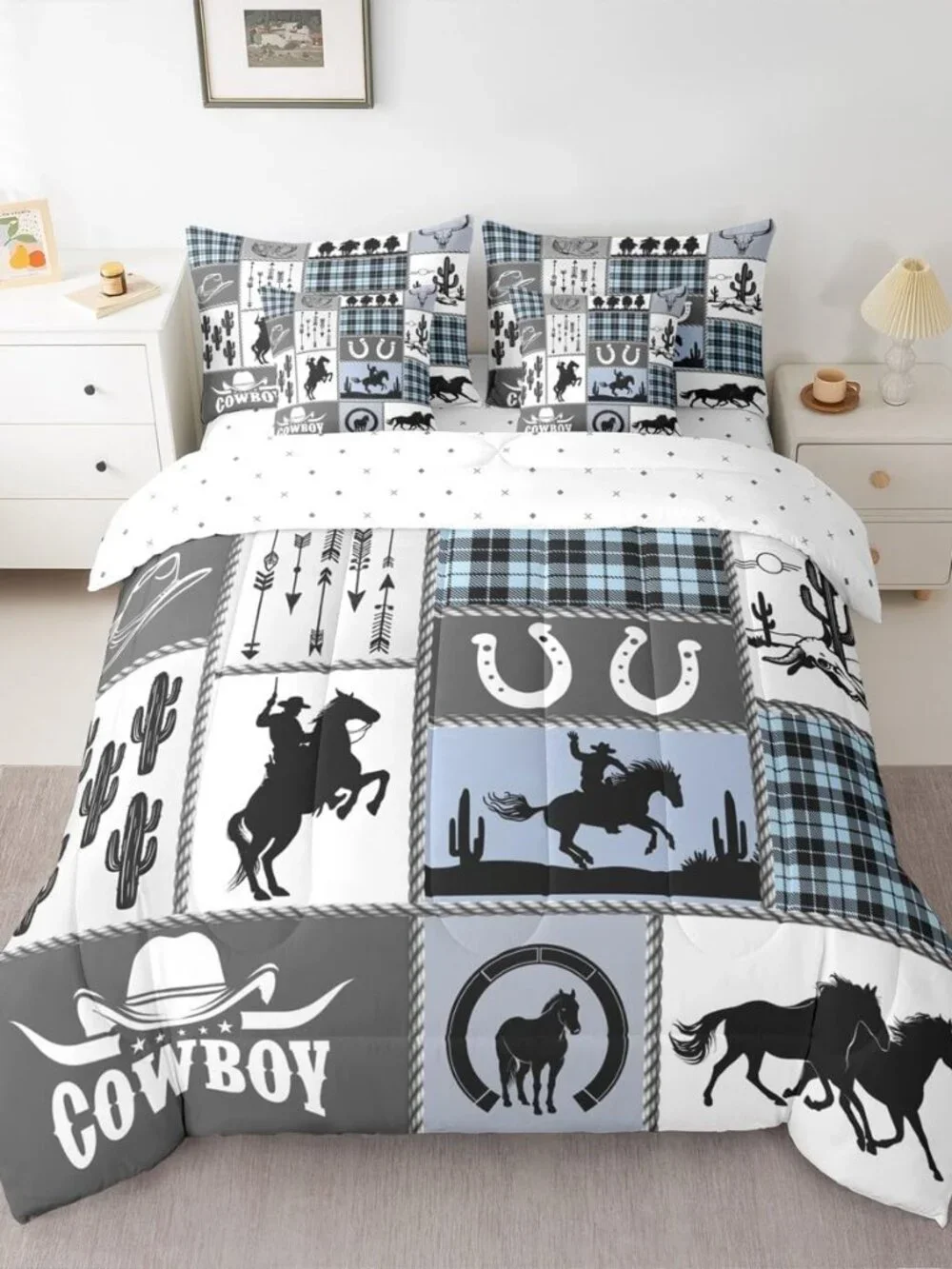 7 Pieces King Size Western Cowboy Kids Comforter Set,Horseshoes Cactus Rustic Fa
